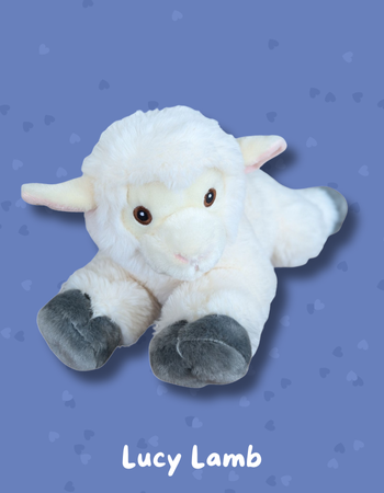 Gentle Lucy Lamb comfort toy being hugged by child therapeutic healing plush