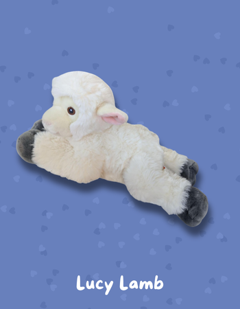 Gentle Lucy Lamb comfort toy being hugged by child therapeutic healing plush