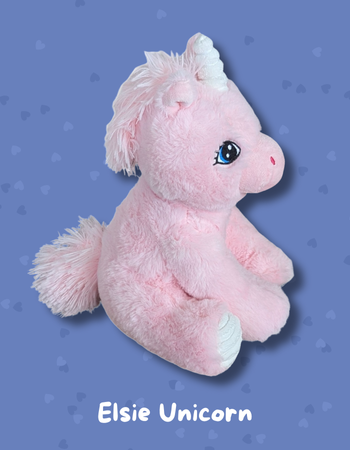 Sick child hugging Elsie Unicorn comfort toy magical healing companion plush